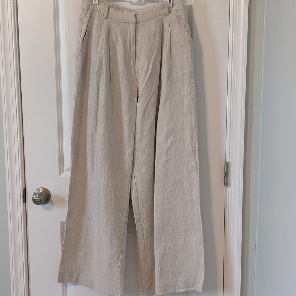 Lucy Paris Cream Linen High Waisted Wide Leg Trousers - Size Medium